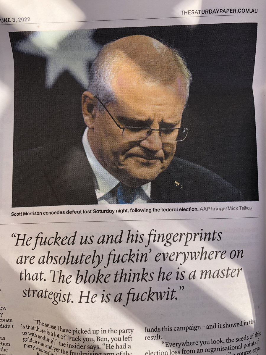 An unnamed Liberal moderate in #ScottMorrison as reported by ⁦@SquigglyRick⁩ #SaturdayPaper