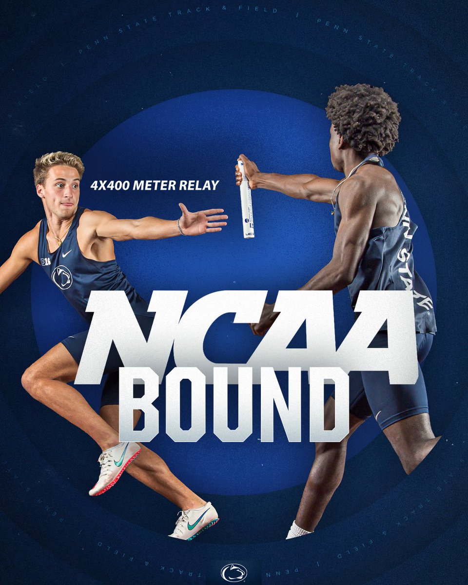 PennStateTFXC's tweet photo. 𝙏𝙞𝙘𝙠𝙚𝙩 𝙋𝙪𝙣𝙘𝙝𝙚𝙙 🎟

GET ROOM FOR FOUR MORE! 

The men’s 4x400 relay team of James Onwuka, Korbin Martino, Savion Hebron and Olivier Desmeules qualified for Eugene with a time of 3:06.63 😳

#WeAre #NCAATF https://t.co/mb7Q8b9rVO