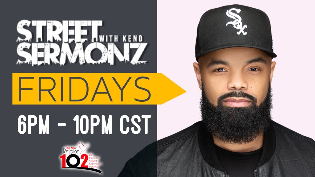 📻 ON AIR NOW!!! TUNE IN!!! ⁣⁣
⁣
<a href="/StreetSermonz/">Street Sermonz</a> with Keno #CHICAGO • 6-10PM • Rejoice 102.3 FM • rejoice102.com • Listen on your 📲 download the FREE “Rejoice 102” App!⁣⁣
