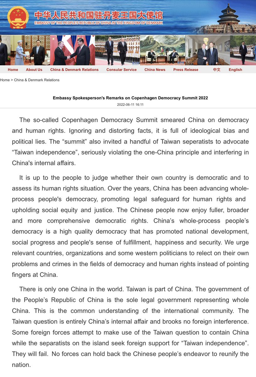ChinaInDenmark's tweet image. Embassy Spokesperson's Remarks on Copenhagen Democracy Summit 2022
dk.china-embassy.gov.cn/eng/zdgx/20220…