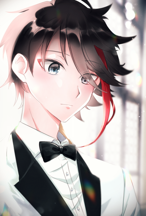 1boy male focus red hair black hair bow solo bowtie  illustration images