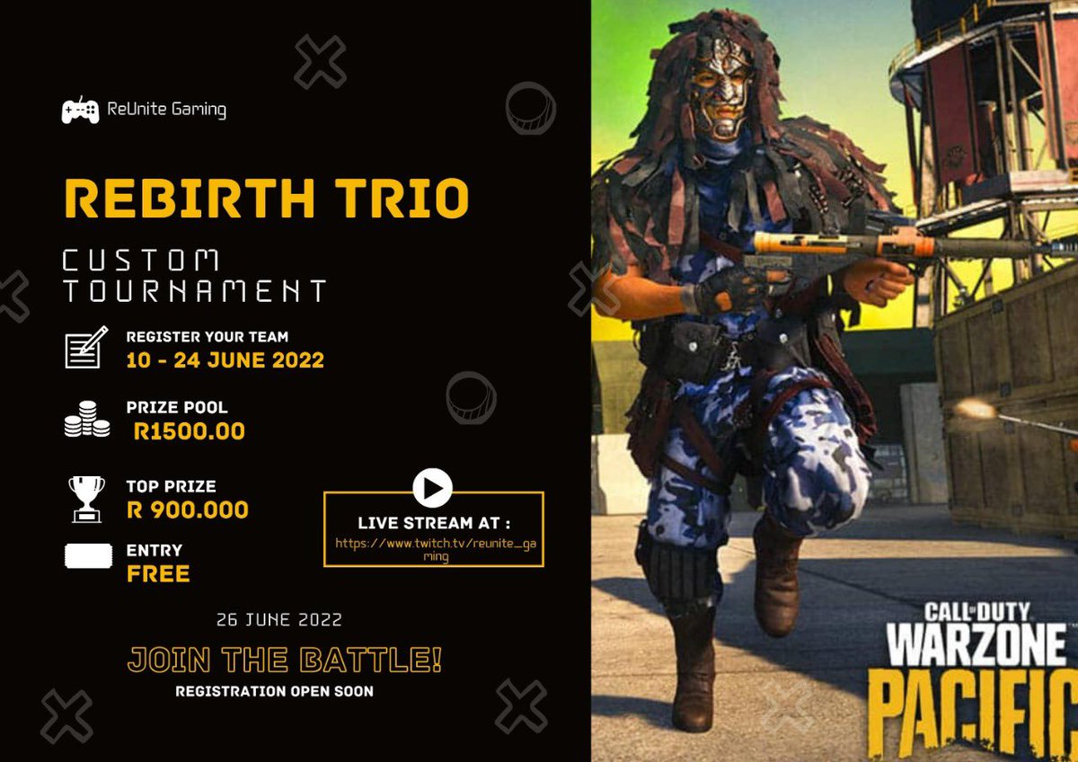ReUnite will be hosting our first ReUnite Gaming Tournament for South African gamers only. 

“A R1500 prize pool Rebirth Custom trios tournament.”

By show of LIKES who’s joining this tournament? 

#warzone #southafrica #tournament #gaming #rebirth #reunitecreators
