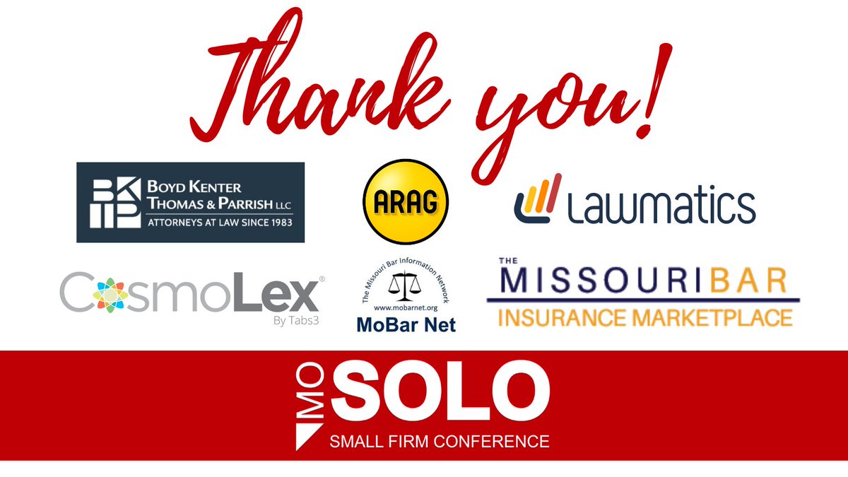 mobarnews's tweet photo. As #MOSOLO22 draws to a close, we want to thank its bronze sponsors: @ARAGlegal, Boyd Kenter Thomas & Parrish LLC, @CosmoLexLegal, @lawmatics, MoBar Net & @MemberBenefitsI! #MOLawyers https://t.co/9ZIZVZP3nc