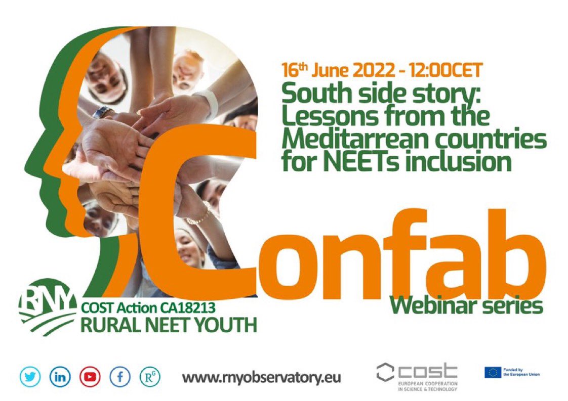 EURuralYouth's tweet photo. 🗓️16th June 12:00CET
NEXT CONFAB #WEBINAR
📌South side story: Lessons from the Meditarrean countries for NEETs inclusion
by Gialis Stelios
🌐 Register here: https://t.co/6WVNRpYBEY…
@COSTprogramme #EYY2022 #EuropeanYearOfYouth https://t.co/6qi9Fzkpi2