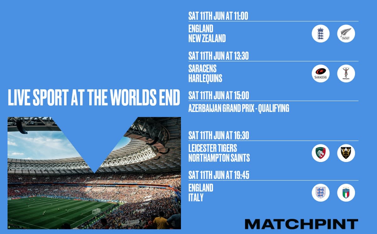 TheWorldsend's tweet photo. Too Hot out? Come in and beat the heat with our day of sport! England face NZ in the Cricket and Italy at football, two crucial Rugby Union matches and Qualifying from the Azerbaijan GP. #TheWorldsEnd #FinsburyPark #LiveSports #BigScreenSports https://t.co/NJ5fYGUS93