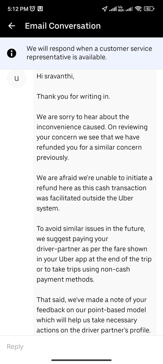 sravanthi1112's tweet photo. @UberINSupport @Uber_India @Uber_Support  is this correct way of response iam asking my refund you people sending useless msgs disgusting https://t.co/SnJboNgt5M