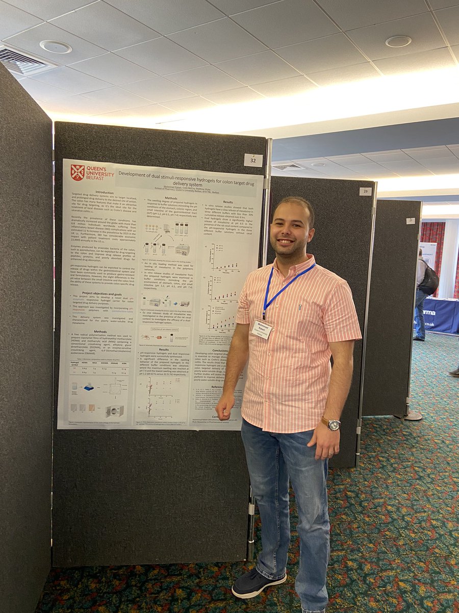 Mohammad Rabee (@mohamma02843353) on Twitter photo I am delighted to be part of <a href="/UKICRS/">UKICRS</a> this year, and present our work with <a href="/colinmccoy/">Colin McCoy</a> and @mwylie89 exploring the ability of dual responsive polymeric hydrogels in delivering poorly water-soluble drug “mesalazine” to the colon.
<a href="/pharmacyatQUB/">QUB Pharmacy School</a> I am delighted to be part of <a href="/UKICRS/">UKICRS</a> this year, and present our work with <a href="/colinmccoy/">Colin McCoy</a> and @mwylie89 exploring the ability of dual responsive polymeric hydrogels in delivering poorly water-soluble drug “mesalazine” to the colon.
<a href="/pharmacyatQUB/">QUB Pharmacy School</a>