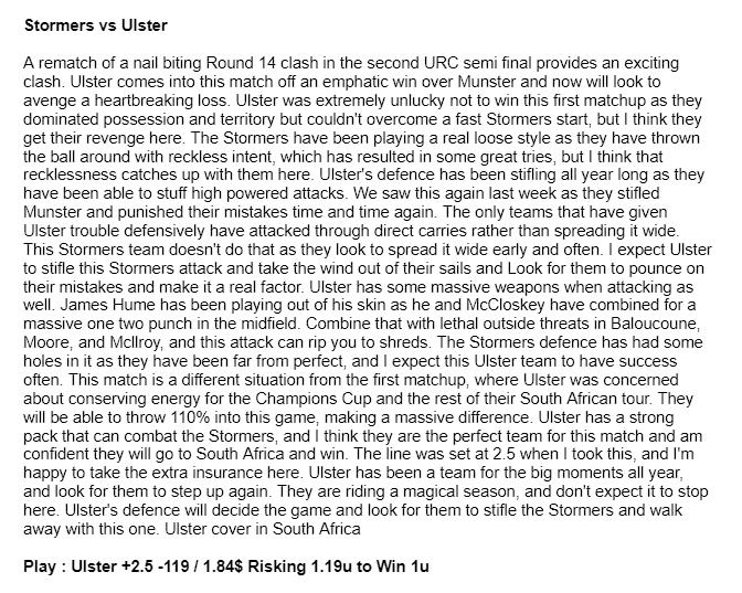 🌍 United Rugby Championship 🏉 #URC
Stormers ⚡️ vs Ulster 🔴⚪️✋
Play : Ulster +2.5 -119 / 1.84$ ( Sportsbet ) Risking 1.19u to Win 1u 
GL if Tailing