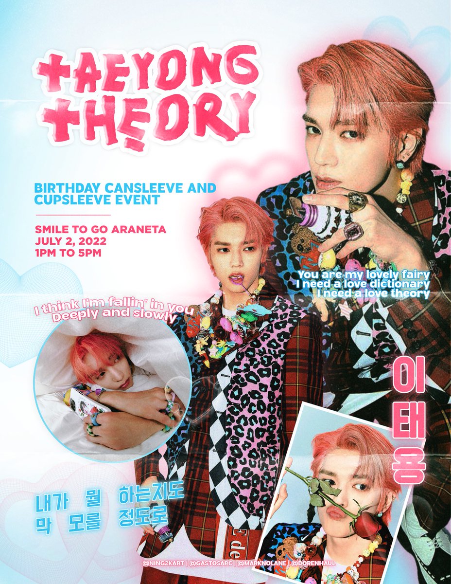 dorenhaul's tweet photo. Taeyong Theory: A Lee Taeyong 27th Birthday Cansleeve and Cupsleeve Event 🧋

🗓 July 02, 2022
📍 Smile to Go Araneta
🕛 1PM to 5PM

- 

Stay tuned for the registration form and more details to be updated in this thread! 

See you! 💗

#NCT #NCT127 #TAEYONG #HappyTaeyongDay https://t.co/DMYxCeaZRO