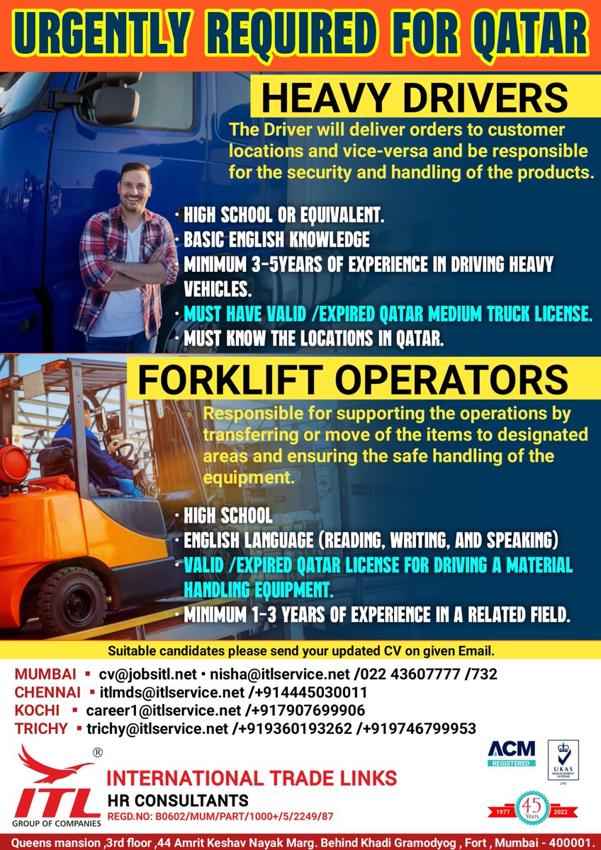 ItlJobs's tweet photo. JOB VACANCY FOR #qatar
Interested candidates please send your updated CV on given Email's.
https://t.co/L5a1jRLuOk
#heavydriver #forkliftoperator #driver #qatarjobs #qatarhiring #qatardriver #lightdriver #qatarjobseekers #qatarjobshere #driver #ksadriver #jobalert #jobforyou https://t.co/YNxn4ea5BF