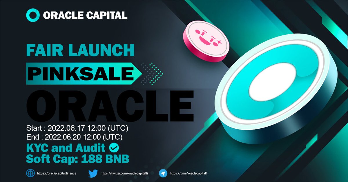 CryptoHunterETH's tweet photo. 🧿 OracleCapital  ILO is LIVE now on @pinkecosystem !

⌚Start :2022.06.17 12:00 (UTC)
⌚End : 2022.06.20 12:00 (UTC)

✅Soft Cap: 188 BNB

📍Official contract: 0x7B7c49DBa058d978aF747e8B4054cF0830A9b491

🚀PRESALE link: https://t.co/luO7AVF1WJ

#Oracle #presale #pinksale #BNB https://t.co/0cOxAMcUg8