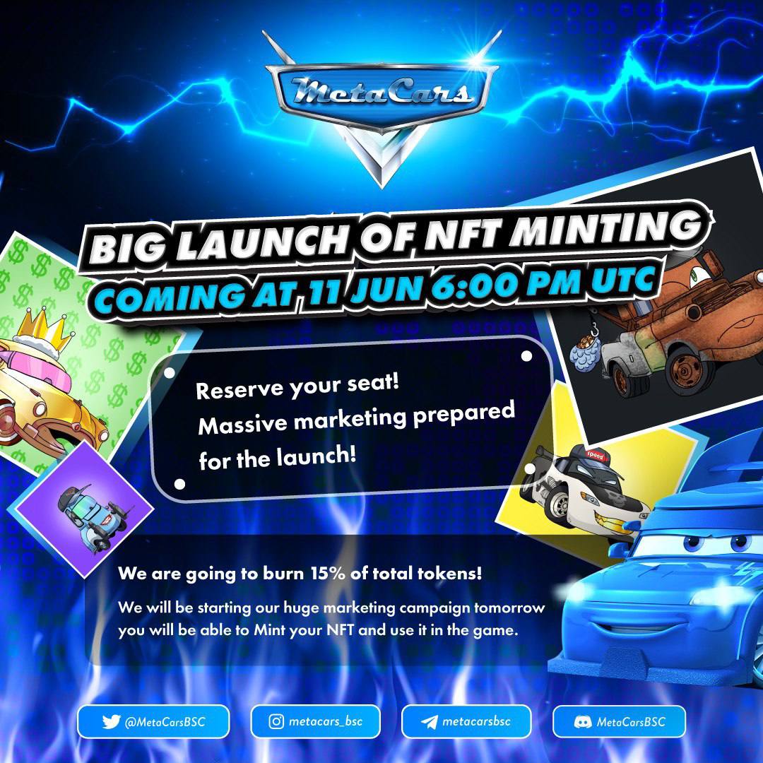 HAPPENING TODAY!!

Buy now : metacars.is/buy

Join telegram group: t.me/metacarsbsc

We are also going to burn 15% of the total supply.

#BTC #BNB #BSC #MetaCars #ETH #NFTs