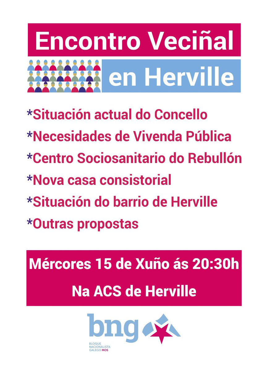 bngdemos's tweet photo. Novo encontro do BNG de Mos coa veciñanza. Este mércores, 15 de xuño, estaremos no local da ACS de #Herville a partir das 20:30 horas para falar sobre a situación do barrio e de todo o concello.
#bng #mos #bngdemos https://t.co/oNbWJVEB4K
