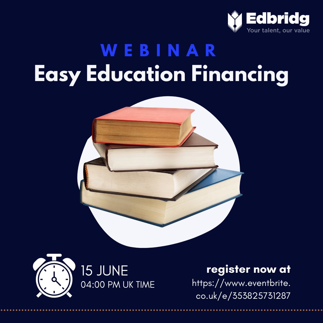 Edbridgtalent's tweet photo. Still haven't registered? Do it now and don't miss out on the amazing opportunity to find out more about the customised funding plan available for your education or upskilling. 
Register now: https://t.co/aWm4NLfO6H

#funding #webinar #education #StudentLoans #financing https://t.co/b1dB9RNXWz