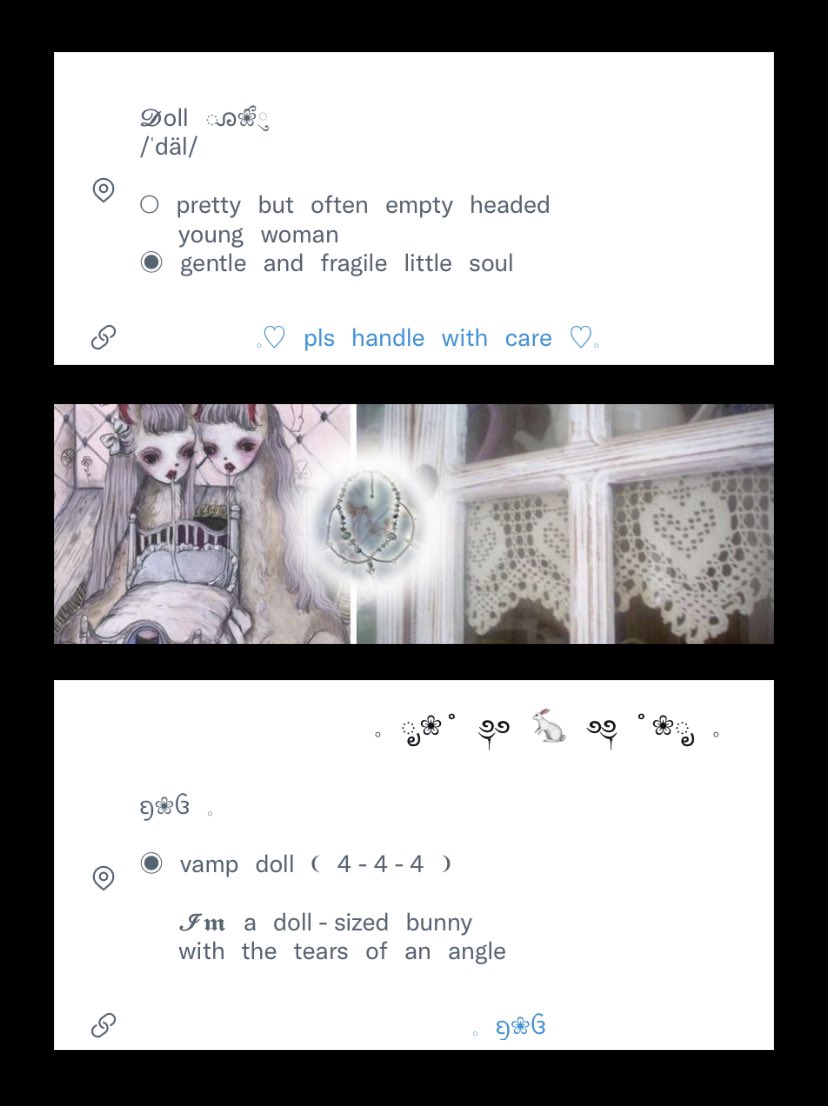 , ghost doll ! ✧
⠀
bio , location &amp;̵ link template
price : 7b / all 13b
mt " 1 , 2 , all "
⠀
* can edit emoji
* can't edit symbol
* can mention until i close kup 👻

🖤🖤🖤