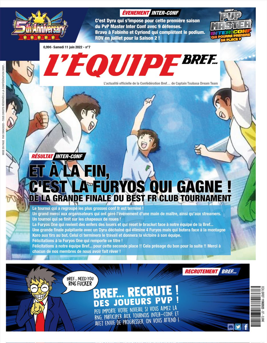 BrefCtdt's tweet photo. #CaptainTsubasaDreamTeam le voici le voilà !!
L'équipe Bref... dispo aujourd'hui !!
Résumé de notre "PVP MASTER INTERCONF" et du résultat de la BFCT. 
Encore merci aux organisateurs/ streamers/ participants. 
Et à notre équipe qui s'est très bien battu pour cette seconde place ❤ https://t.co/TJ0KyA4638