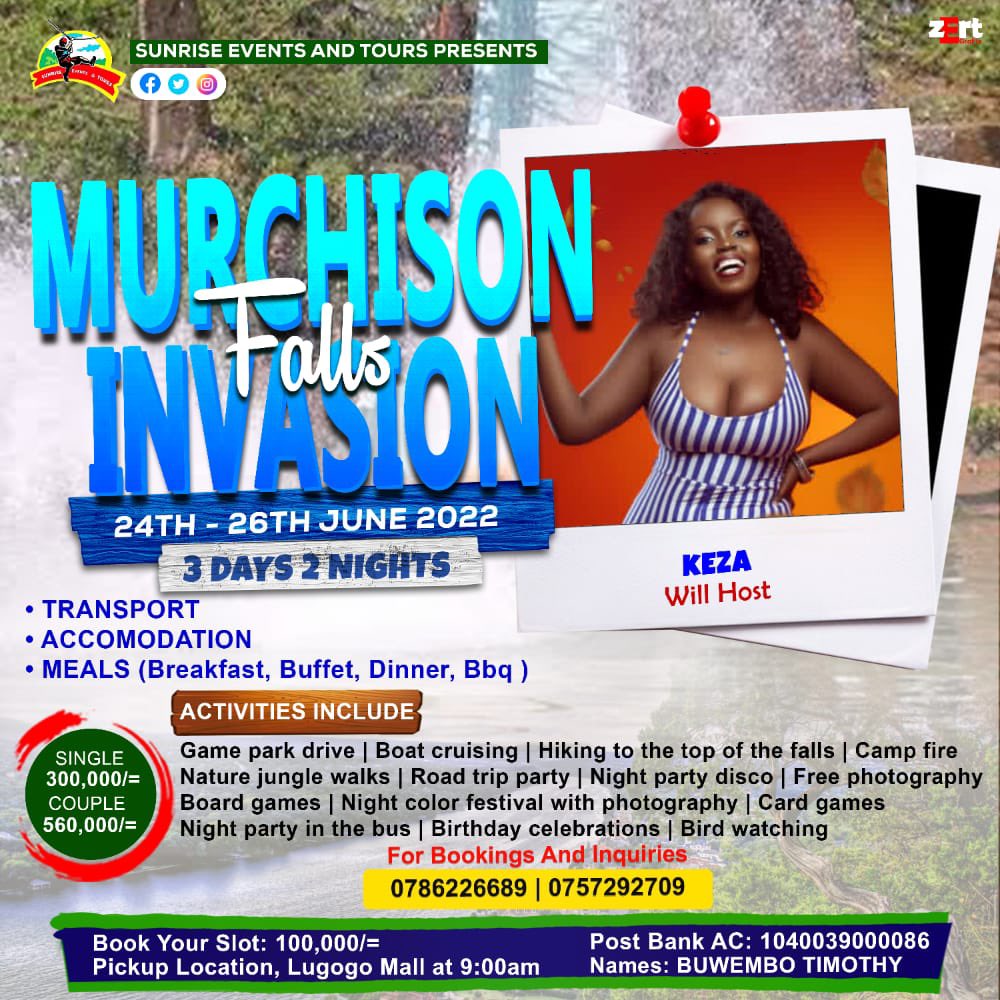 Traveling and Partying is a mandate 🥳🥳🥳🥳🎉🎉🎉 

Dm <a href="/sunrise_venture/">Sunrise Venture Capital | AMA + Space</a> for early bookings or call 0786226689 / 0757292709
#MurchisonFallsInvasion