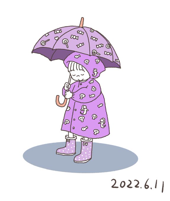 本日のラクガキ。新しい傘と合羽と長靴。部屋の中をこの恰好でウロウロしてるけど実際使う前に傘を壊さないようにね… 