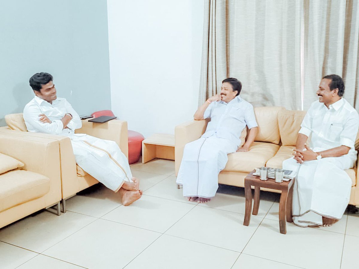 annamalai_k's tweet photo. Met @AIADMKOfficial Party’s newly elected Rajya Sabha MP’s Shri @CVShanmugamofl anna &amp; Thiru. R. Dharmar anna at my residence in Chennai today

On behalf of @BJP4TamilNadu wished them success in their new roles

Let Lord. Muruga guide them to do their best for our people &amp; state! https://t.co/W2s9JwfUxp