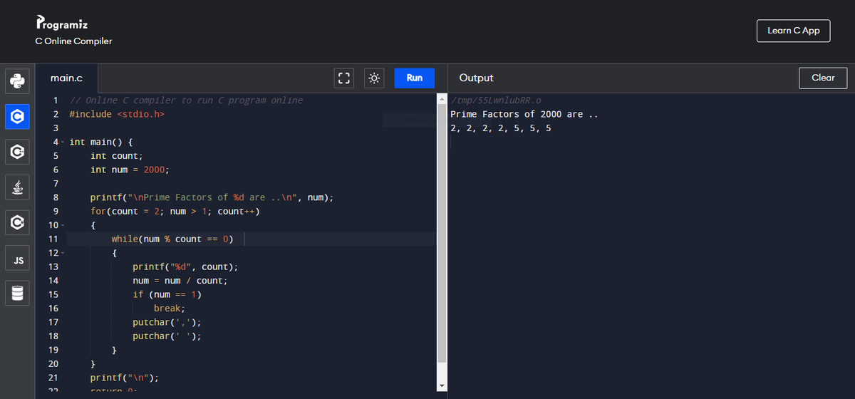 Isarck_Phiri's tweet image. Day 17. #100DaysOfCode #Programiz #CodeNewbie 
Practicing Prime factorization in C.😏
