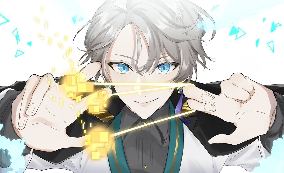 1boy male focus blue eyes solo smile looking at viewer grey hair  illustration images