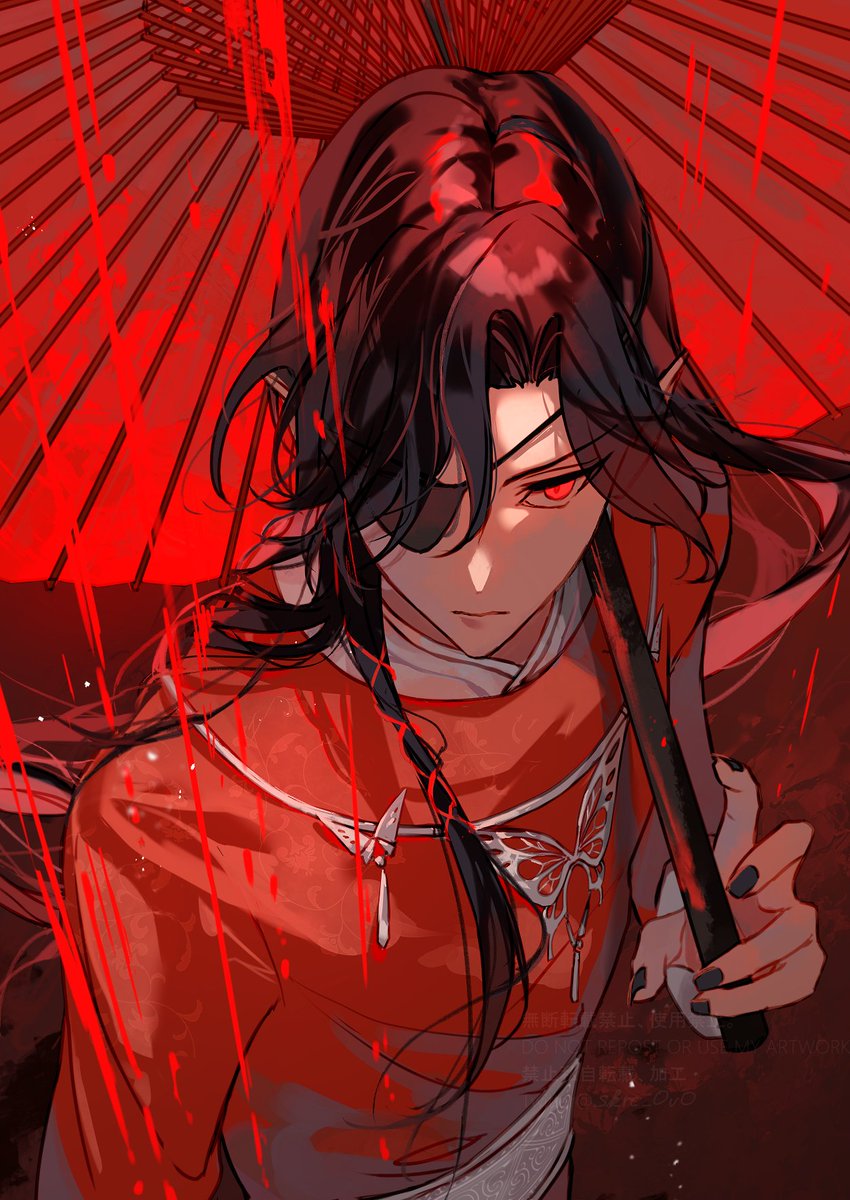 1boy male focus eyepatch umbrella long hair black hair red eyes  illustration images