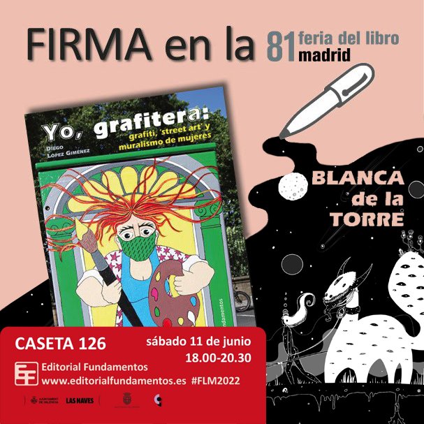 Hoy, sábado 11 de junio, estaré en la Feria del Libro de Madrid firmando ejemplares del libro "Yo, grafitera: grafiti, street art y muralismo de mujeres", del autor Diego López Giménez, publicado por Editorial Fundamentos.

#FLMadrid22 #ferialibromadrid #feriadellibromadrid #arte