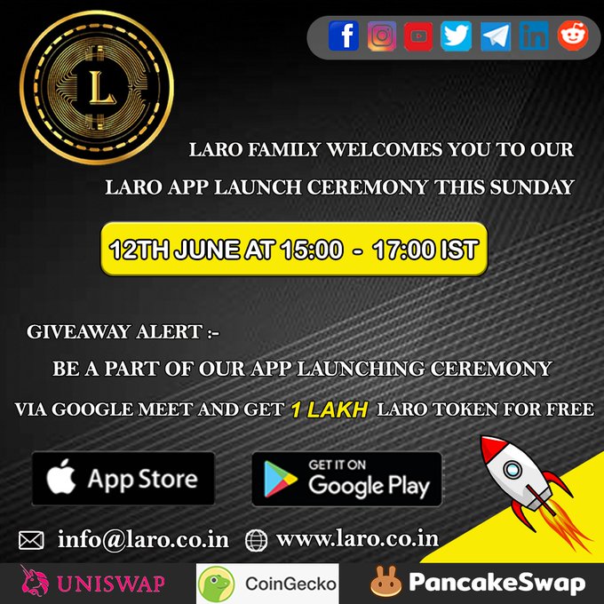 laroenergy's tweet photo. Laro family welcomes you to our Laro App launch Ceremony this Sunday, the 12th of June at 15:00- 17:00.
Be a part of our App launching ceremony via Google meet and get 1 Lakh Laro token for free.
To join a meeting Open Google Meet and enter this code:gah-nfwk-ebt (For Indian) https://t.co/xa7tm9jpuD