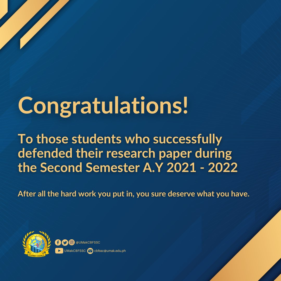 UMakCBFSSC's tweet photo. The CBFS - SC, would like to congratulate all the students who successfully finished and defended their research paper this 2nd Semester A.Y. 2021-2022. All your hard work and efforts deserve to be recognized. Again, congratulations on your well-deserved success.
#CBFSNewNormal https://t.co/Vl4dewsmwF