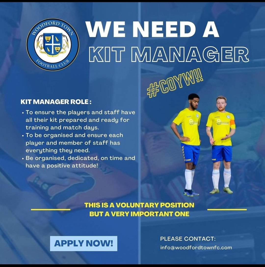 WoodfordTownFC's tweet image. A new voluntary role has arisen at our club.

1st Team Kit Manager 

If you're interested then please DM us for more details….

#Kitmanager