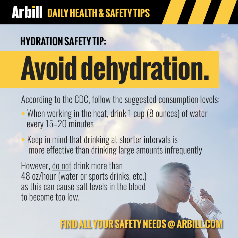 Arbillsafety's tweet photo. Hydration Safety Tip: Avoid dehydration and follow the suggested consumption levels from the CDC.

#Safety #SafetyTip #StayHydrated #HydrationSolutions #SummerSafety #WorkplaceSafety #SaferEveryDay https://t.co/qUhHu4dxpj