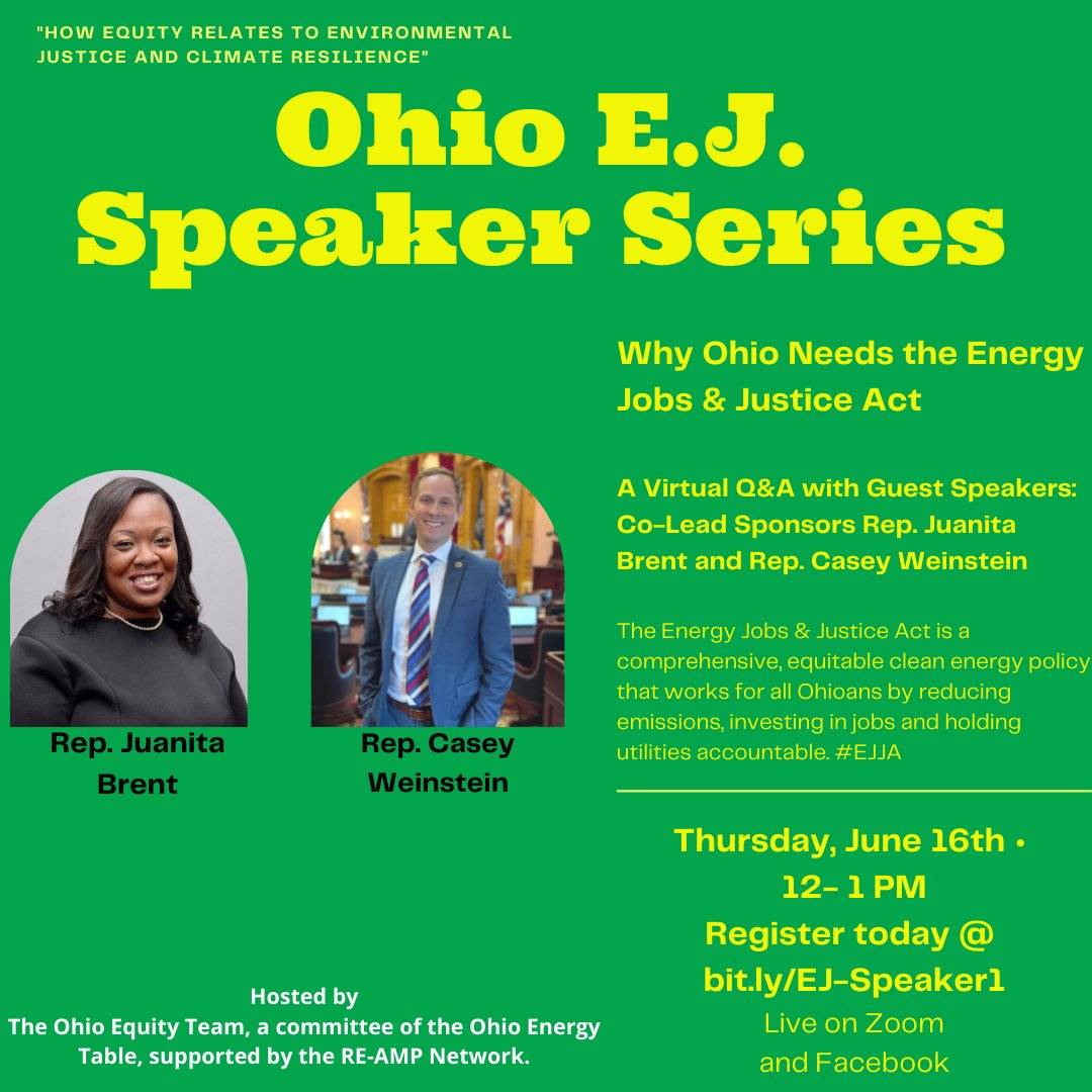 CLEReadyfor100's tweet photo. Join the Ohio Equity Team who is hosting a virtual discussion next Thursday! RSVP to discuss equity, environmental justice, and climate resilience with @RepWeinstein and Rep. @Juanita_Brent! Register here-> https://t.co/vr2fIFX2hC  #JobsAndJustice #EJJA https://t.co/ChSpz69gBY