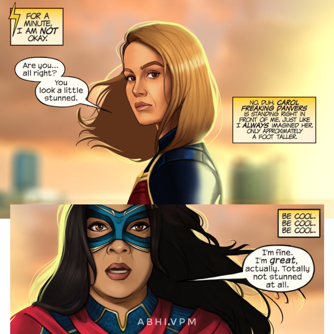 AbhiVpm's tweet photo. Recreated this panel from Ms Marvel 2014  #14 by Adrian Alphona written by @GWillowWilson 
#MsMarvel #captainmarvel #KamalaKhan #caroldanvers #Marvel #MarvelStudios 
@ImanVellaniEn #ImanVellani @brielarson @bishakali @FarOutAkhtar @mohankapur @msmarvel @MsMarvelNews @MsMarvelNow https://t.co/nANkA6kEC0