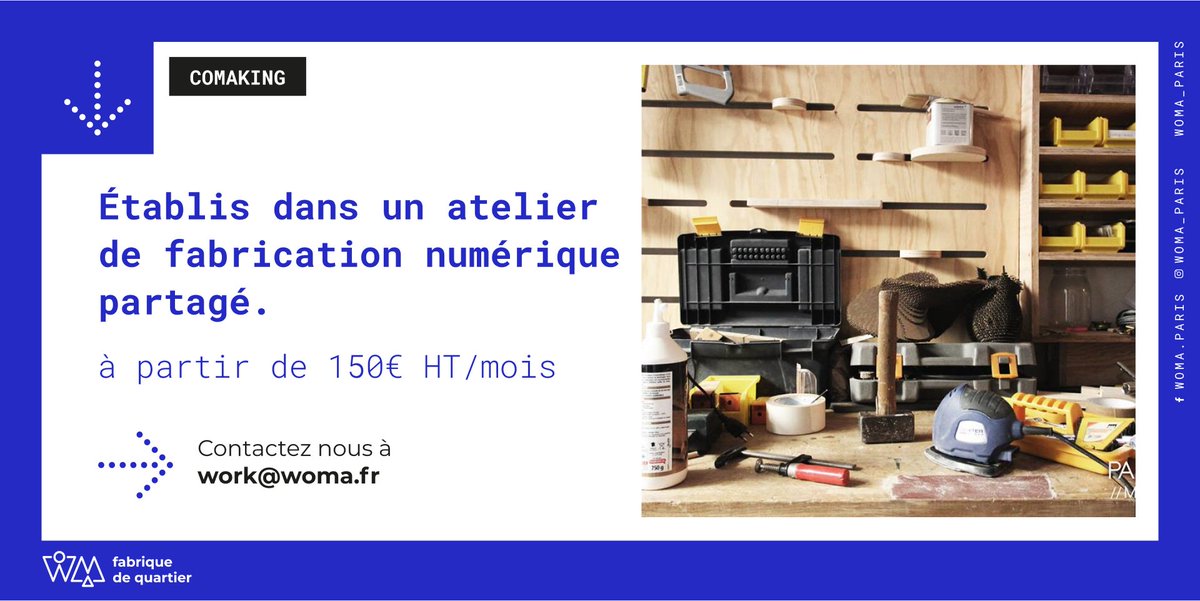 [ ⚒️ ÉTABLIS DISPONIBLES ]
Des établis outillés avec accès aux machines numériques, fraiseuse, laser, imprimante 3D, sont disponibles dans notre espace VolumesLab à place des Fêtes.

📩 À partir de 150 € HT, contactez nous à work@woma.fr ou venez nous rendre visite.