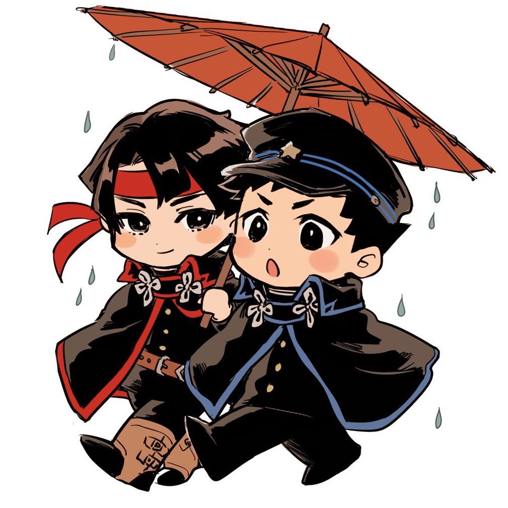 multiple boys 2boys male focus umbrella red headband black hair holding  illustration images