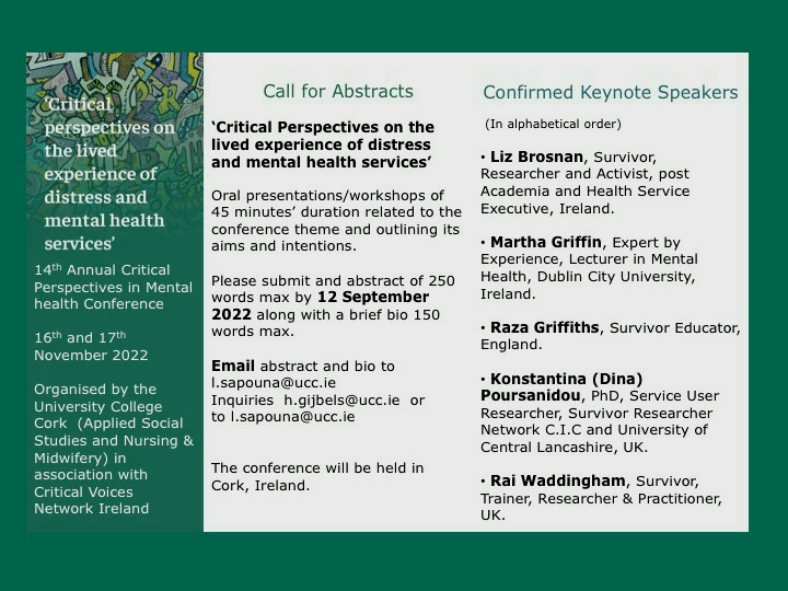 KonstantinaPou1's tweet image. Critical Perspectives in Mental Health Conference, Cork, November 2022 -  Attention! 
@AsylumMagUK @NSUNnews @SurvivorResNet @viscidula @CVNIIreland @UCCAppSoc @mickmckeown2016 @BeckstaylorFish @crys_tom @jaunty_aphorism @northern_thirty @HSpandler @mhhehub @AlisonF101