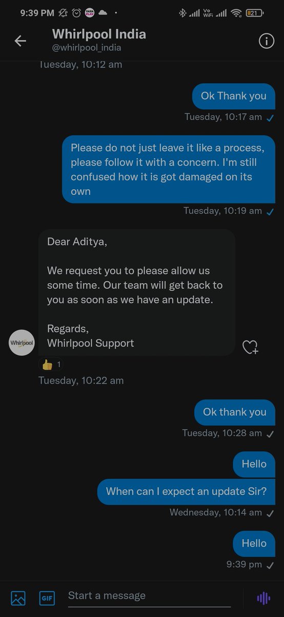 ANS_7726's tweet photo. @whirlpool_india 
Please spare some time for DM. 
Please let me know what happened to my only 3.6 yrs old refrigerator which stopped cooling automatically. https://t.co/zLevxQrT8K