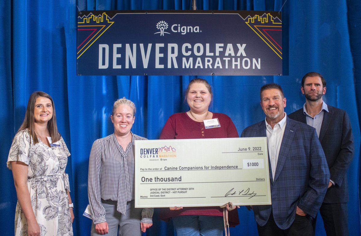 Check it out!  One of our DA teams in the Marathon Relay came in 3rd Place. #CignaMountainStates #runcolfax @runcolfax 

And won $1000 to donate to a favorite charity.  We presented the BIG check to @canineorg , the organization that provided our wonder dog, Buck!