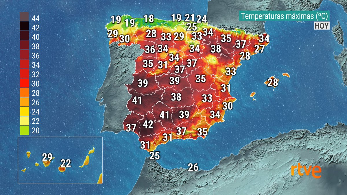 41.6°C à l'aéroport de #Séville aujourd'hui, avec 23 valeurs au-dessus des 40°C en Espagne. 
Demain, 2 à 3°C de plus possibles dans la vallée du Guadalquivir avec jusqu'à 43/44°C envisagé. 