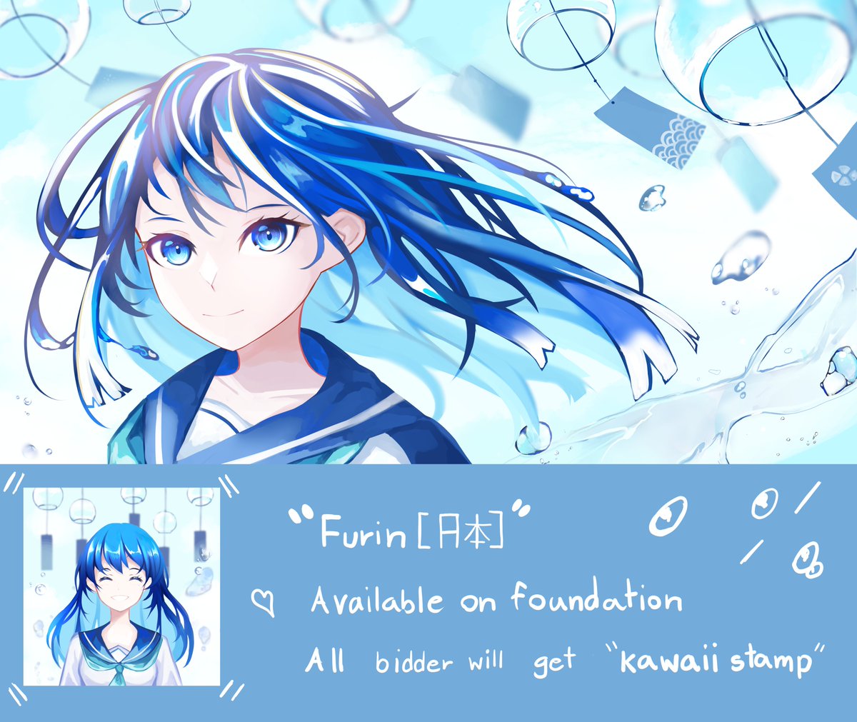Khun_nonart's tweet photo. "Furin [日本]"💧🎐
Will you go for a walk together with her ><
https://t.co/QPidLvATVV

Kawaii stamp for all bidder is in comment😁💙

#AnimeNFT #NFTCommunity  #NFTTHAILAND https://t.co/RvIzf53ffw