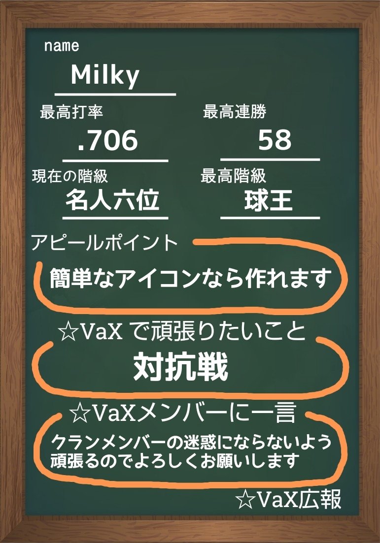star_VaX's tweet photo. 3人目 milky  @milky_0209_

最高打率7割越えの実力者！
☆VAXの上位メンバーと切磋琢磨してくれることに期待したい☺️

 #VAXメンバー紹介 https://t.co/HTarSvzTN5