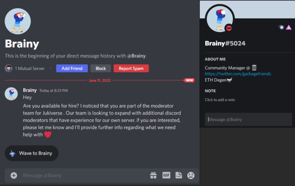 🛑ATTENTION: SCAM STRATEGY #21092 🛑

They pretend to be from the team of Garbage Friends, Mystics or Yokee and want you to join a FAKE SERVER and compromise your Discord account during the VERIFICATION process. 

Never interact with BOOKMARKS or QR CODES to verify
#builderrxyz