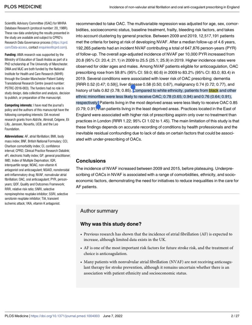 Someone asked me yesterday whether disparities in #AFib treatment exist in the UK. 👇🏾

“Compared to white ethnicity, patients from black and other ethnic minorities were ⬇️ likely to receive OAC; 0.78 (0.65; 0.94) &amp; 0.76 (0.64; 0.91).”

journals.plos.org/plosmedicine/a…

#Pharmacoequity