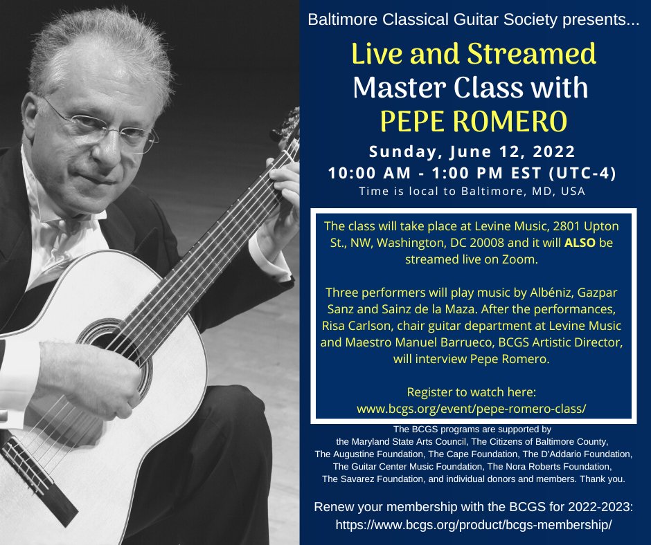 Join us tomorrow for a class with Pepe Romero! After three students perform for him, Manuel Barrueco and Risa Carlson will host a 60+ min Q&amp;A with Pepe about his long career. Registration required. conta.cc/3MBm0g0