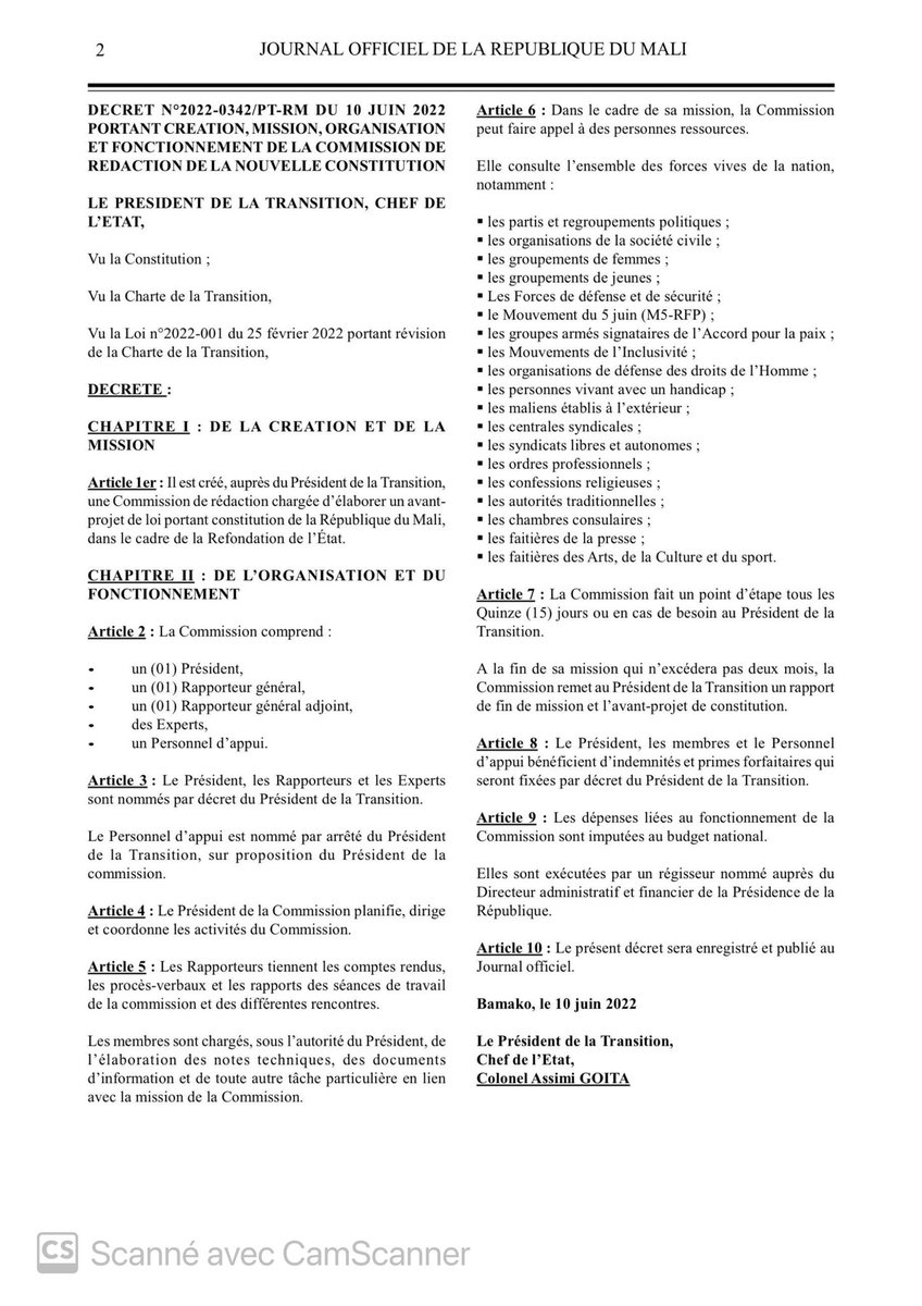 Décret No 2022-0342/PT-RM du 10 juin 2022 portant  création, mission, organisation et fonctionnement de la Commission de rédaction de la nouvelle constitution