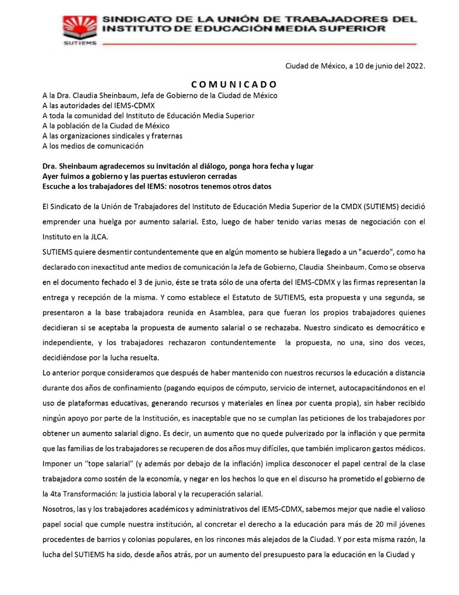 solosequenoah's tweet photo. DESMIENTEN a @Claudiashein,y más que táctica politiquera de su parte, el Sindicato de las Preparatorias del @GobCDMX, el @SutiemsOrg, requerimos presupuesto educativo y aumento salarial. @proceso @Excelsior @Univ_Metropoli @LaCronicaDeHoy @lajornadaonline @AristeguiOnline https://t.co/x6aftTkWec
