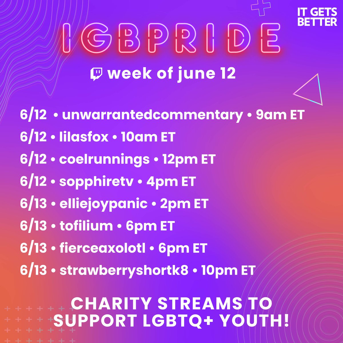 ItGetsBetter's tweet photo. ๐ณ๏ธโ๐ SO many charity streams to support LGBTQ+ youth by our amazing Partners and Affiliates in June, it's practically a festival!
Check back every Saturday to see the upcoming week's lineup so you can pop in and make a donation on their Twitch channels.
Follow along w/ #IGBPride! https://t.co/DUxheAzgqi