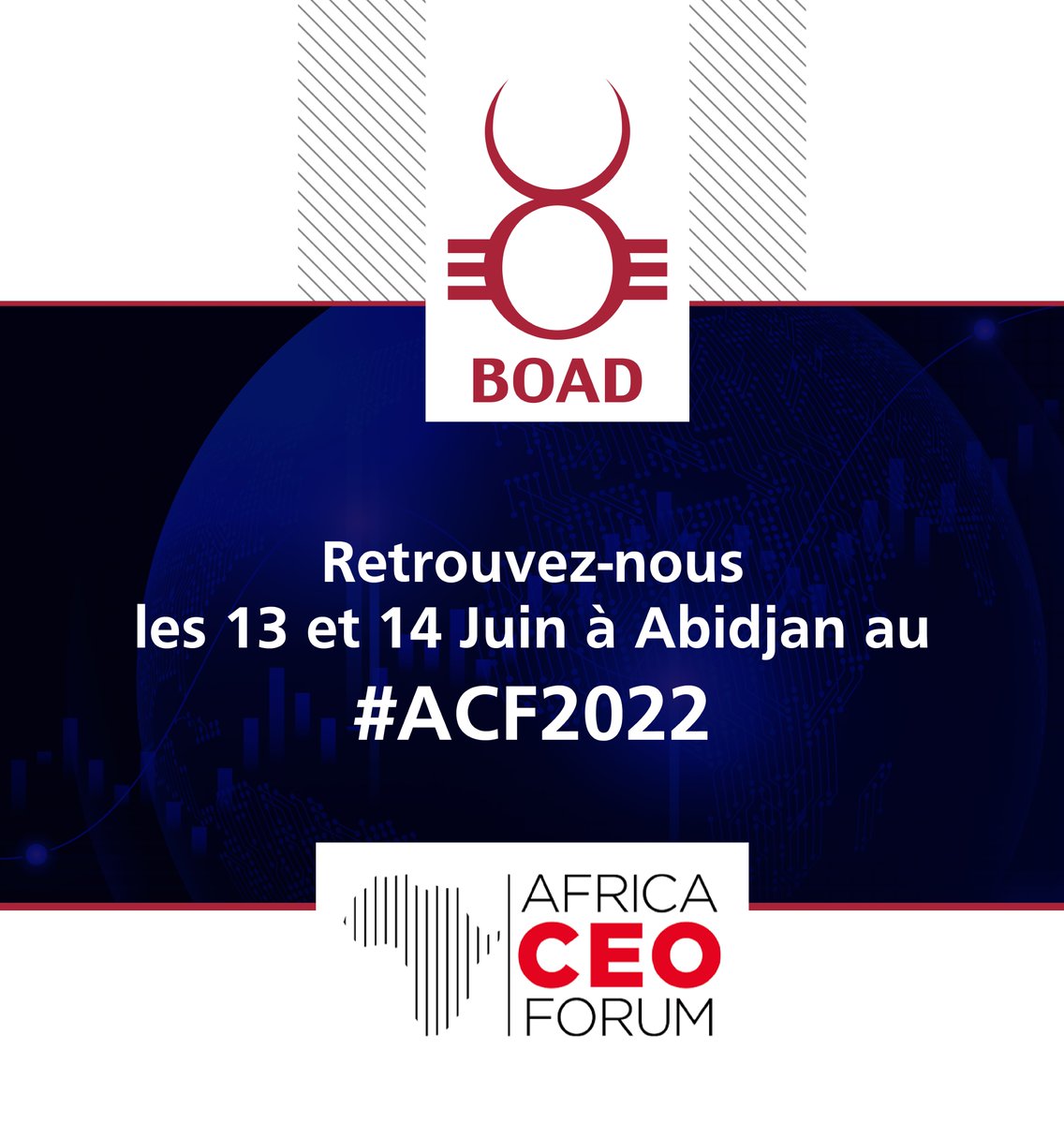 #ACF2022 #SaveTheDate 
🔘Rejoignez-nous les 13 et 14 Juin 2022 à Abidjan au @africaceoforum. 
📌La BOAD, ➡️coeur de cible du financement du #développement des Etats et du #secteurprivé de l'UEMOA.
