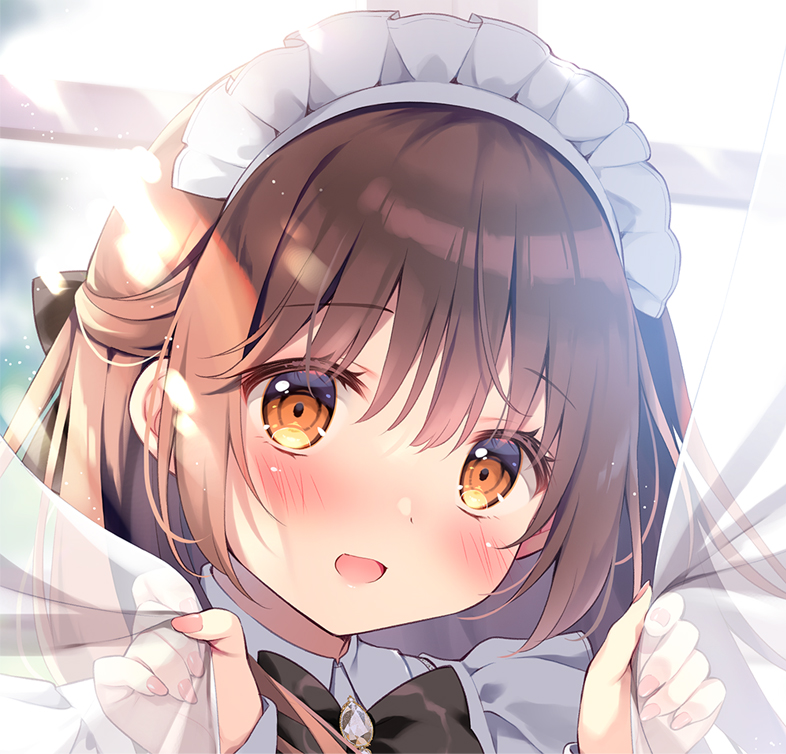 1girl brown hair solo maid headdress smile curtains blush  illustration images