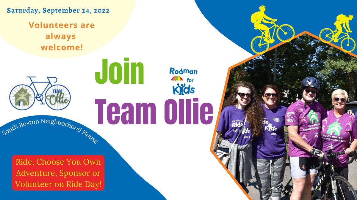 South Boston Neighborhood House (@_sbnh) on Twitter photo Saturday mornings are a great time to train! If you agree, then train for TEAM OLLIE!
TRAIN. RIDE. RAISE or Volunteer for TEAM OLLIE's Rodman Ride for Kids!
Every dollar goes to SBNH programs!
Join TEAM Ollie today! For more information, click the link: sbnh.org/rodman-ride-20… Saturday mornings are a great time to train! If you agree, then train for TEAM OLLIE!
TRAIN. RIDE. RAISE or Volunteer for TEAM OLLIE's Rodman Ride for Kids!
Every dollar goes to SBNH programs!
Join TEAM Ollie today! For more information, click the link: sbnh.org/rodman-ride-20…